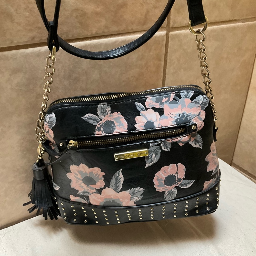 Madden Girl Black & Gold Studded Crossbody Pink floral print Dome Shoulder Bag